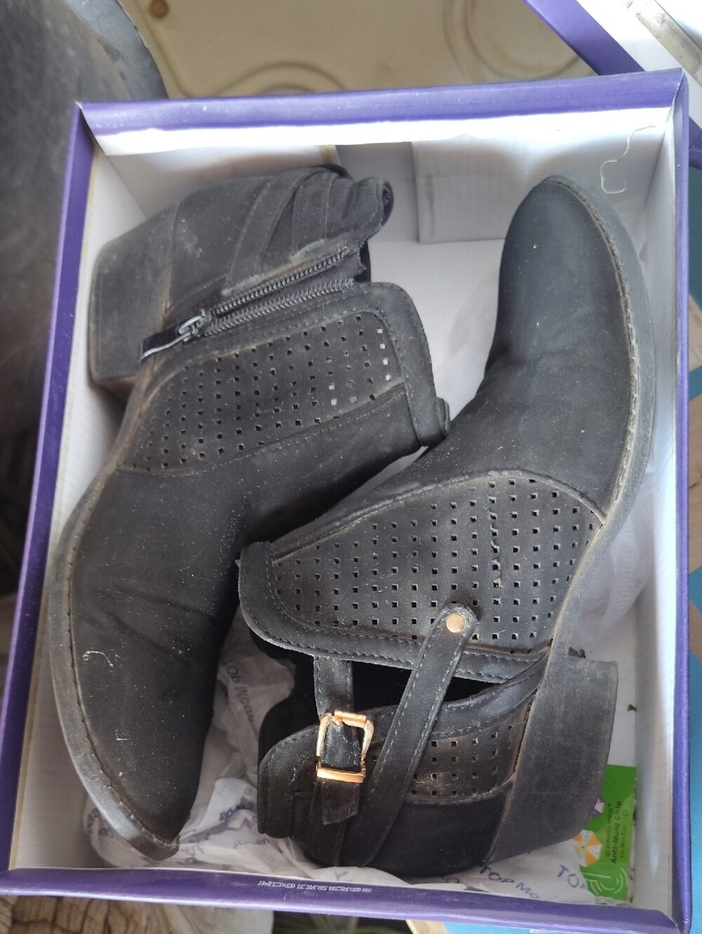 TOP Moda Black Perforated Ankle Booties with Buckle Accent